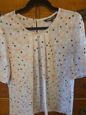 Chadwicks Soft Gray Polka Dot Short Sleeve Blouse with Salmon and Black Dots